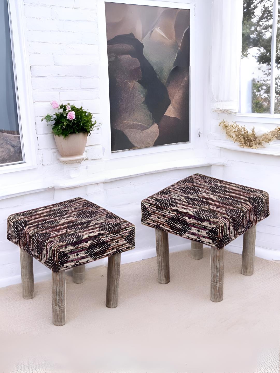 

Ikiriya 2-Pcs Pink & Brown Printed Wooden Stools