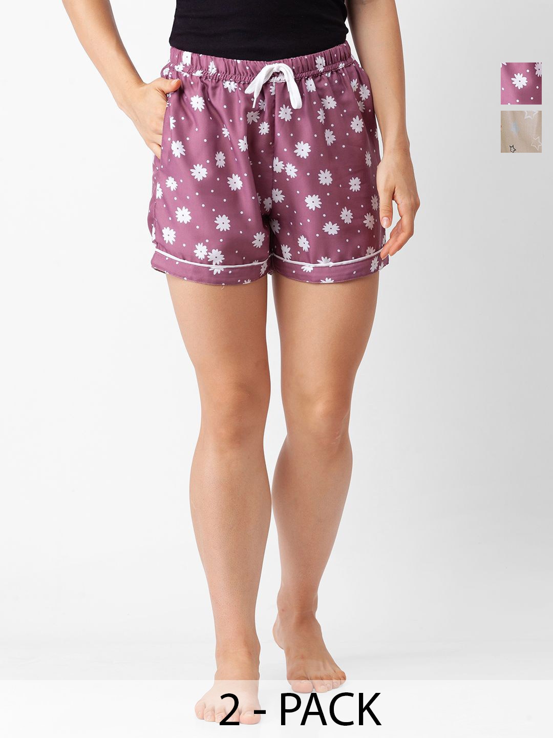 

FashionRack Women pack Of 2 Printed Mid-Rise Lounge Shorts, Beige