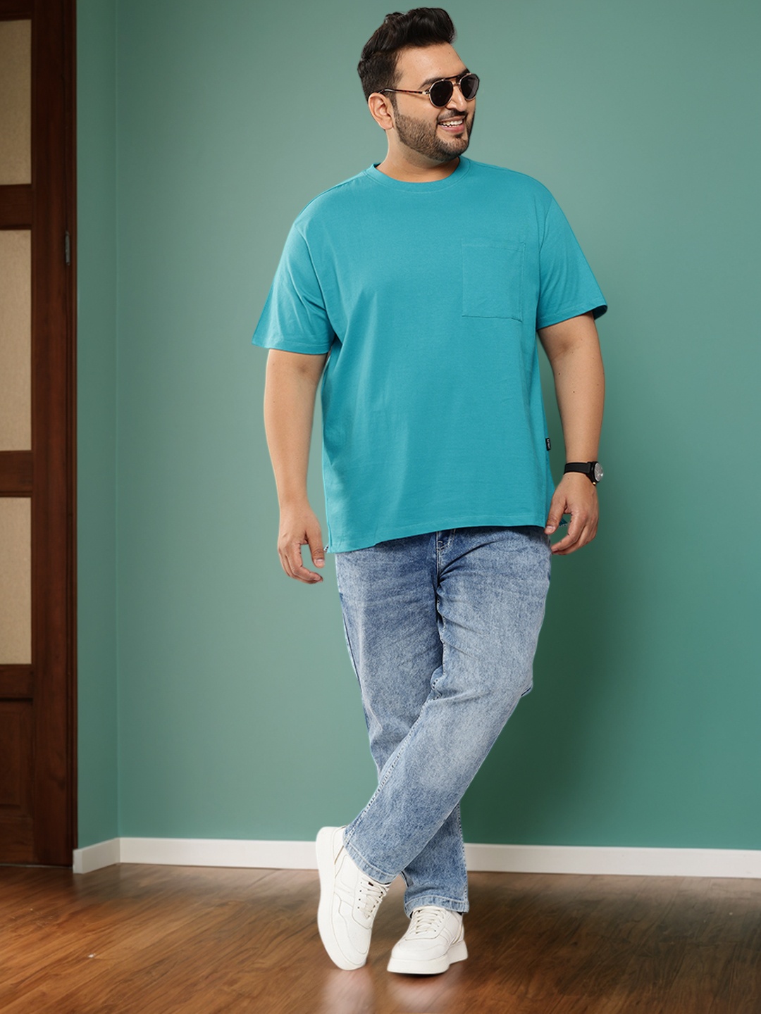 

Sztori Plus Size Men Drop-Shoulder Sleeves Pure Cotton T-shirt, Turquoise blue