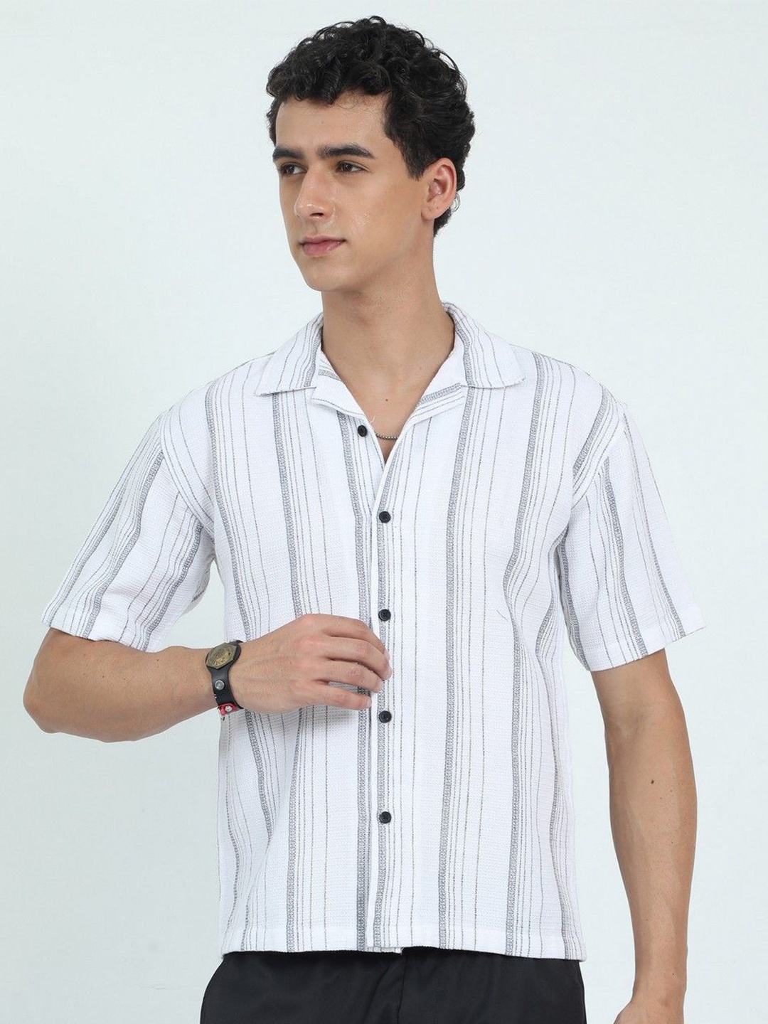 

NEVER NEUD Men Relaxed Striped Jacquard Oversized Casual Shirt, White