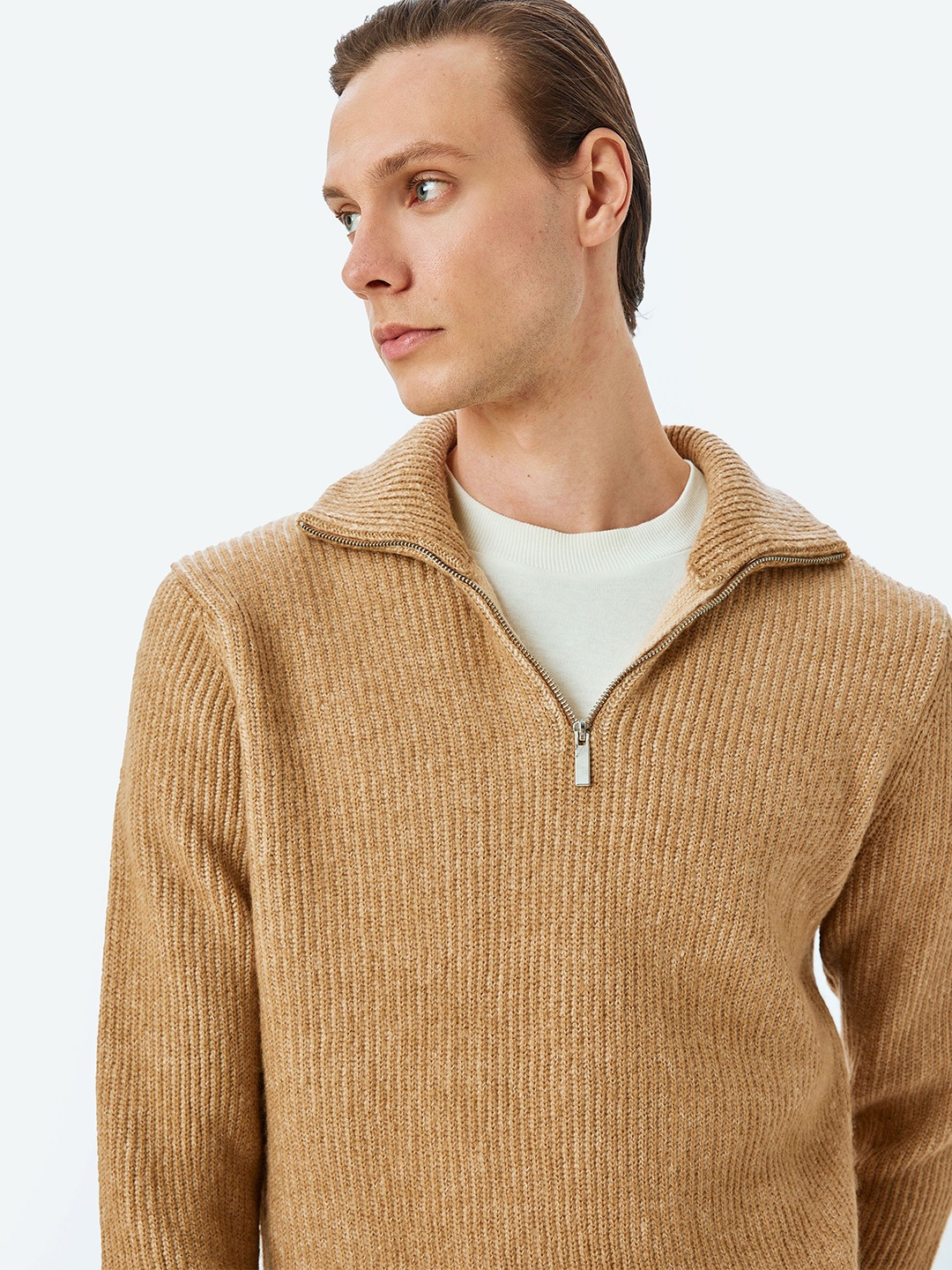 

Koton Men Lapel Collar Striped Sweater, Camel brown