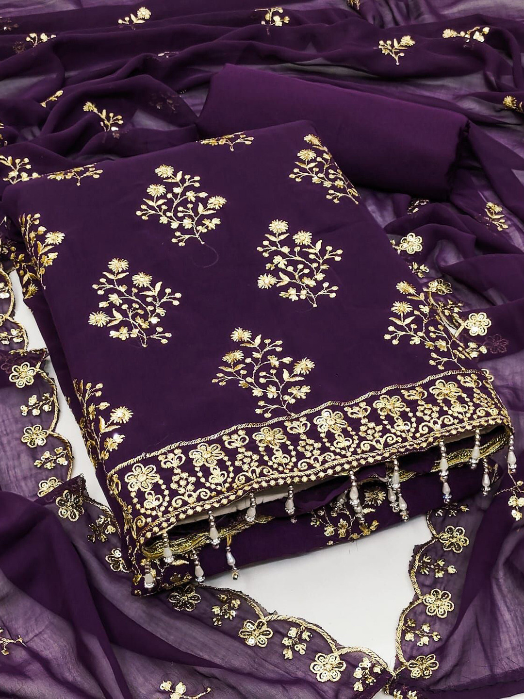 

mimi design Silk Georgette Unstitched Dress Material, Purple