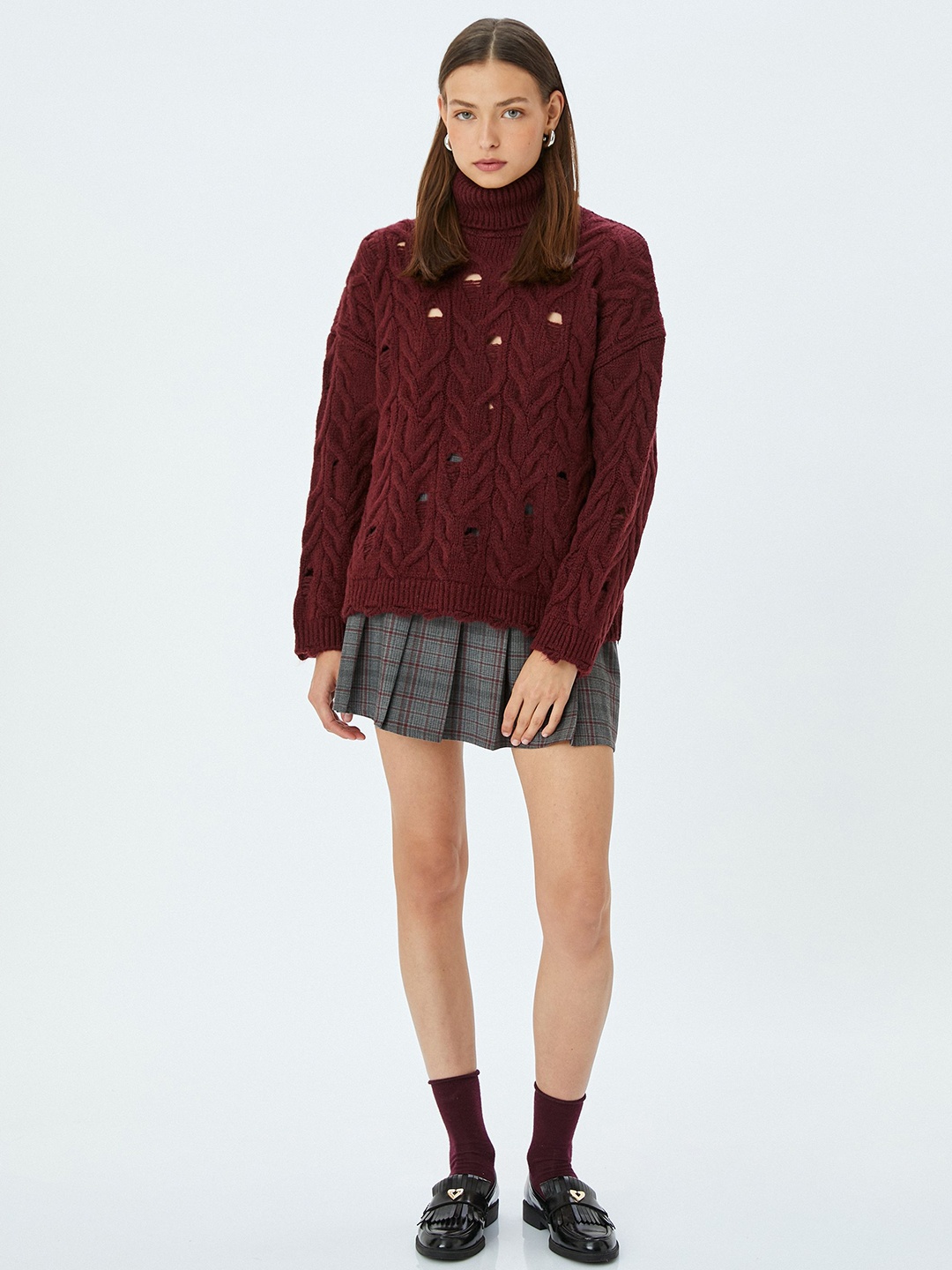 

Koton Women Self Design Cable Knit Turtle Neck Solid Pullover, Maroon