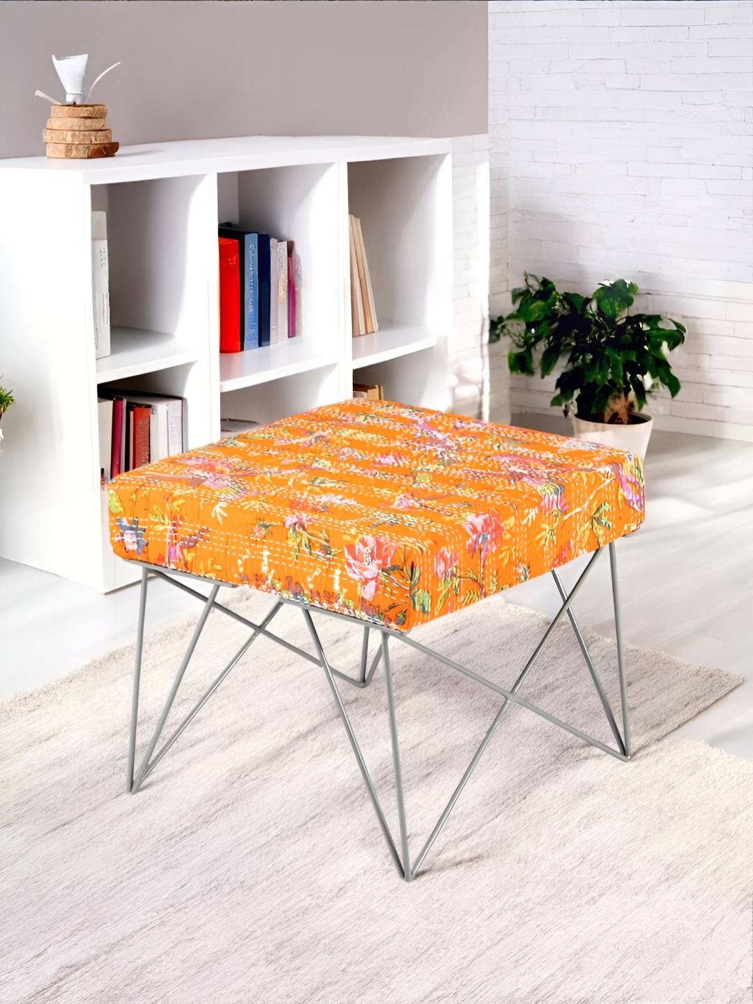 

Ikiriya Orange-Colored & Green Printed Wooden & Metal Stool