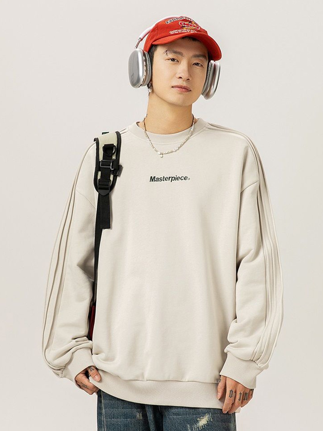 

HERE&NOW Men Round Neck Pullover Sweatshirt, Beige