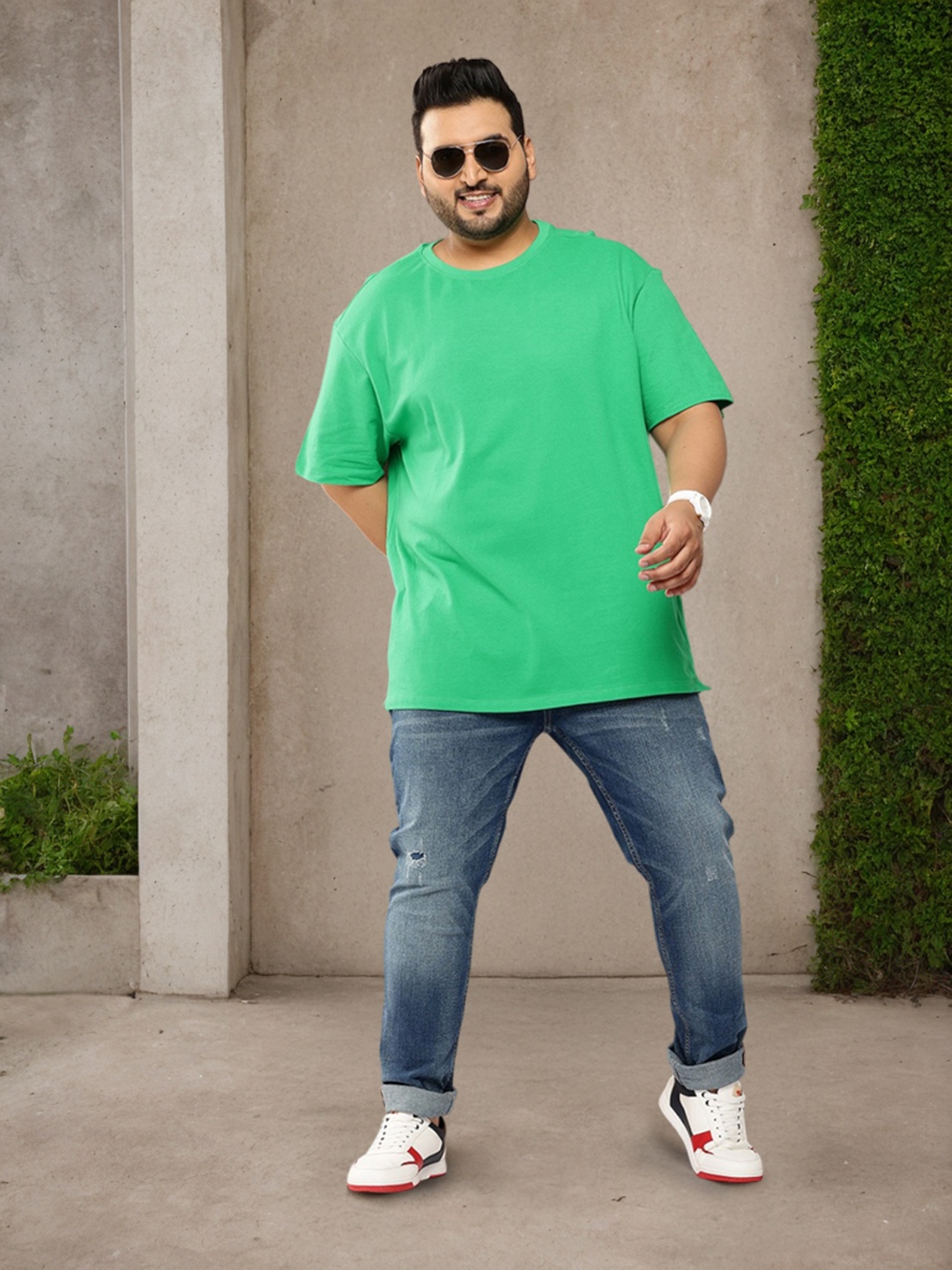 

Sztori Plus Size Drop-Shoulder Sleeves Pure Cotton T-shirt, Green