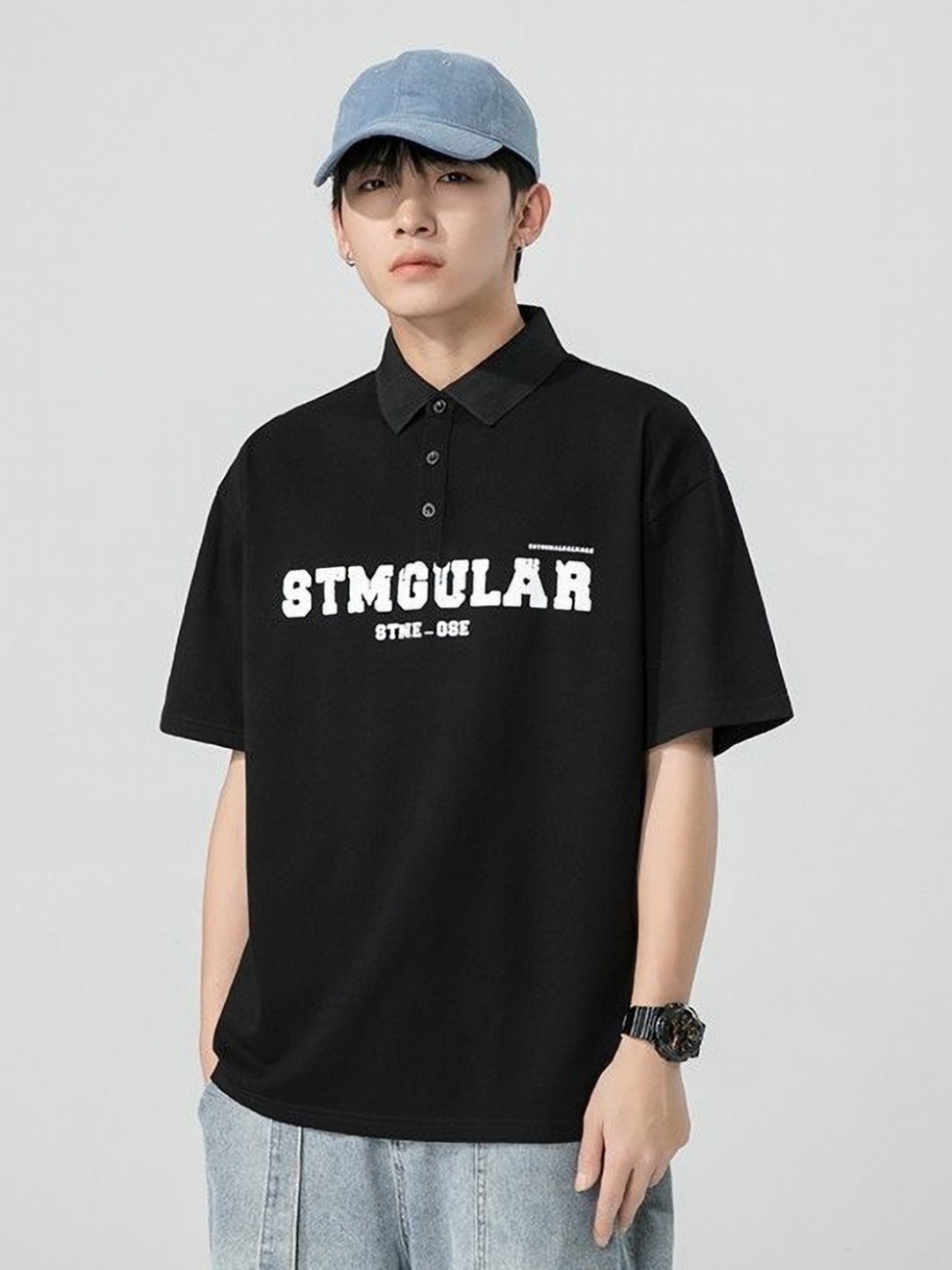 

HERE&NOW Men Typography Polo Collar T-shirt, Black