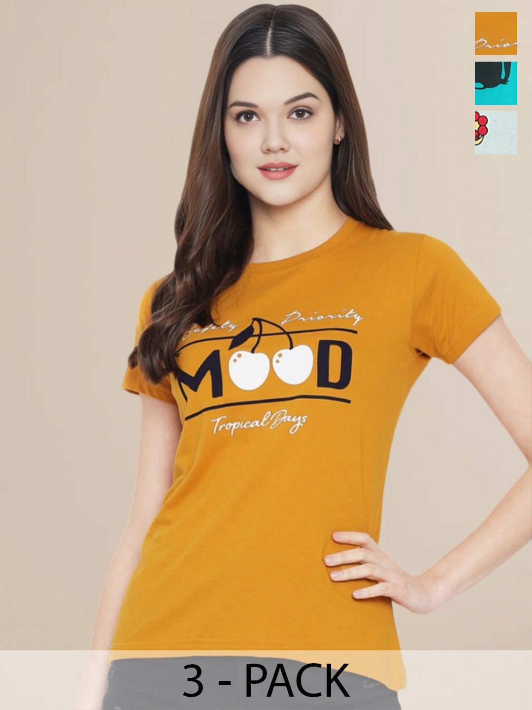 

Metronaut Women Pack Of 3 Typography Printed Round Neck Cotton T-shirts, Mustard