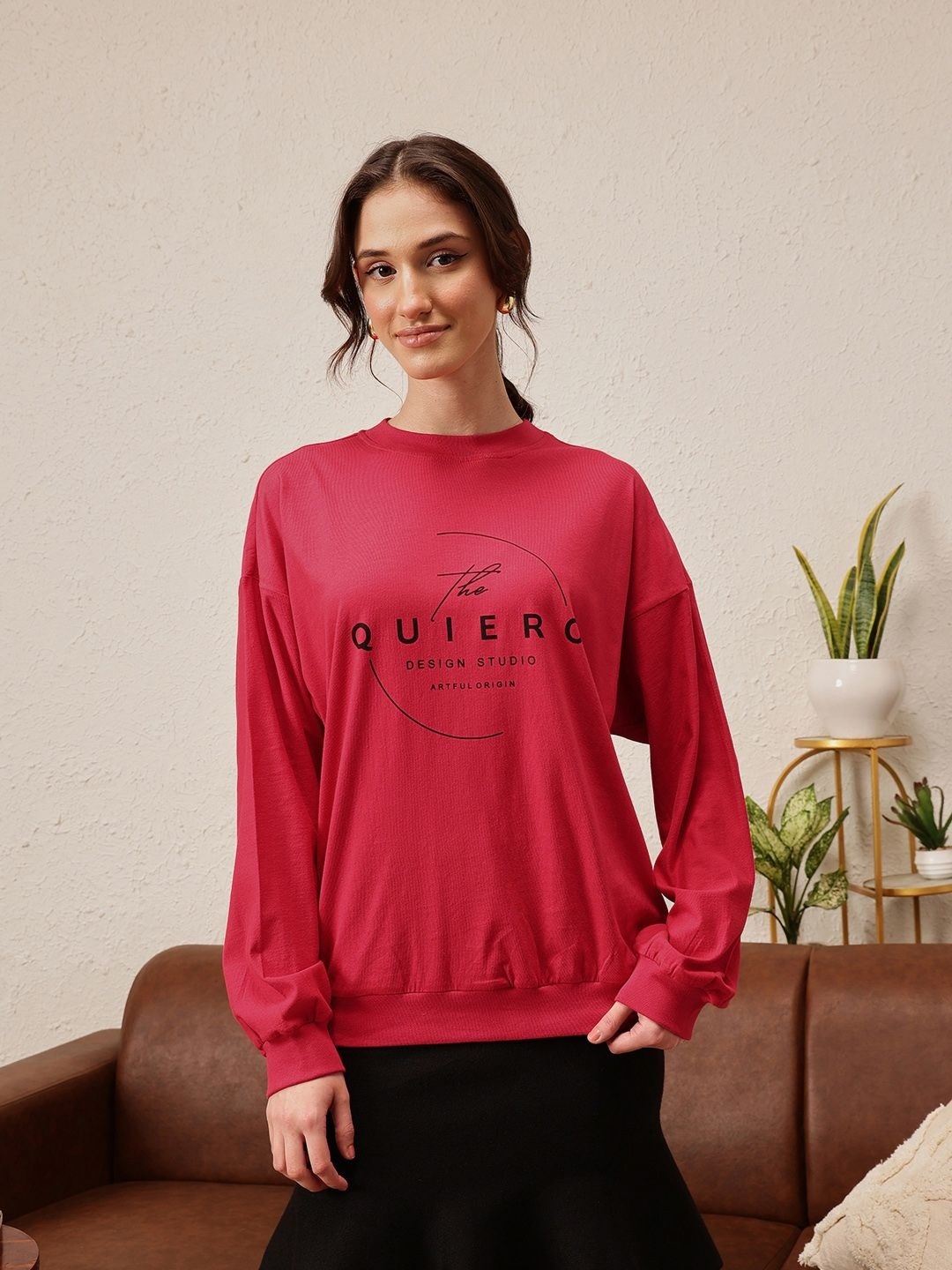 

QUIERO Women Printed Drop-Shoulder Sleeves Bio Finish T-shirt, Red