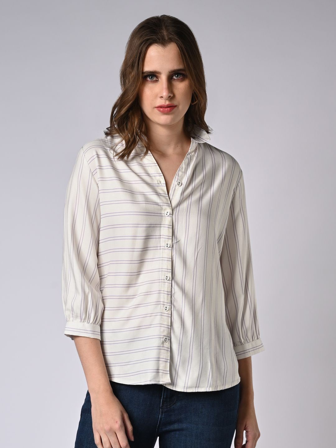 

Kraus Jeans Women Slim Fit Opaque Striped Casual Shirt, Purple