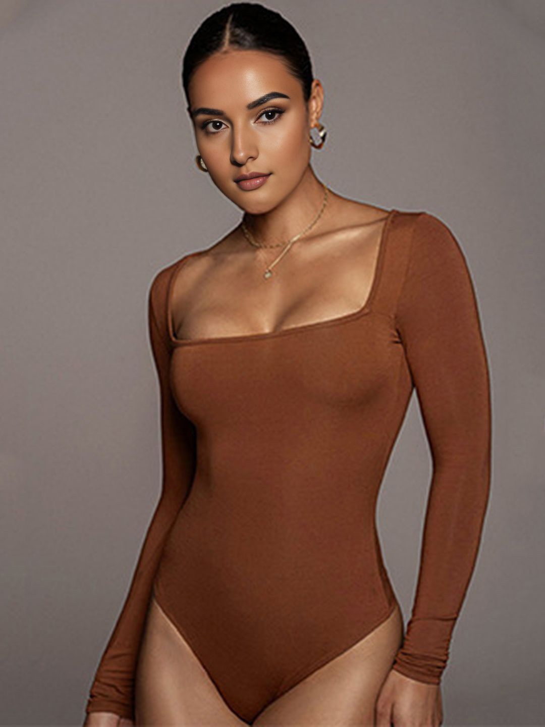 

StyleCast Women Square Neck Full Sleeves Bodysuit, Brown