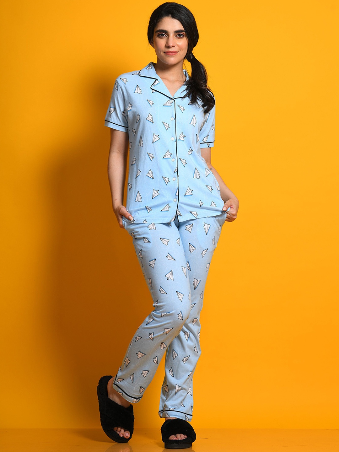 

NAP STORY Women Pure Cotton Lapel Collar Printed Night Suit, Blue