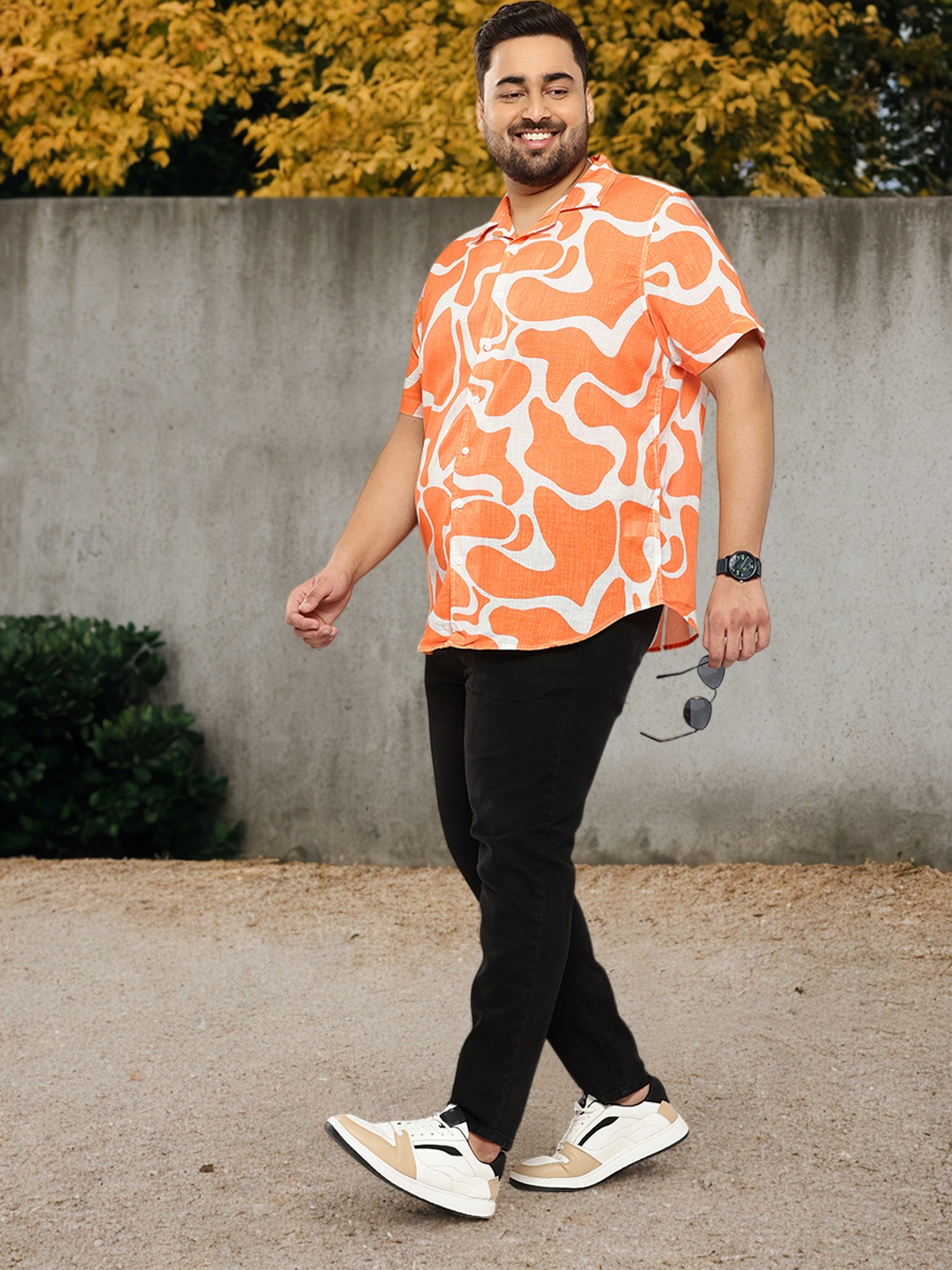 

Sztori Plus-Size Pure Cotton Printed Casual Shirt, Orange