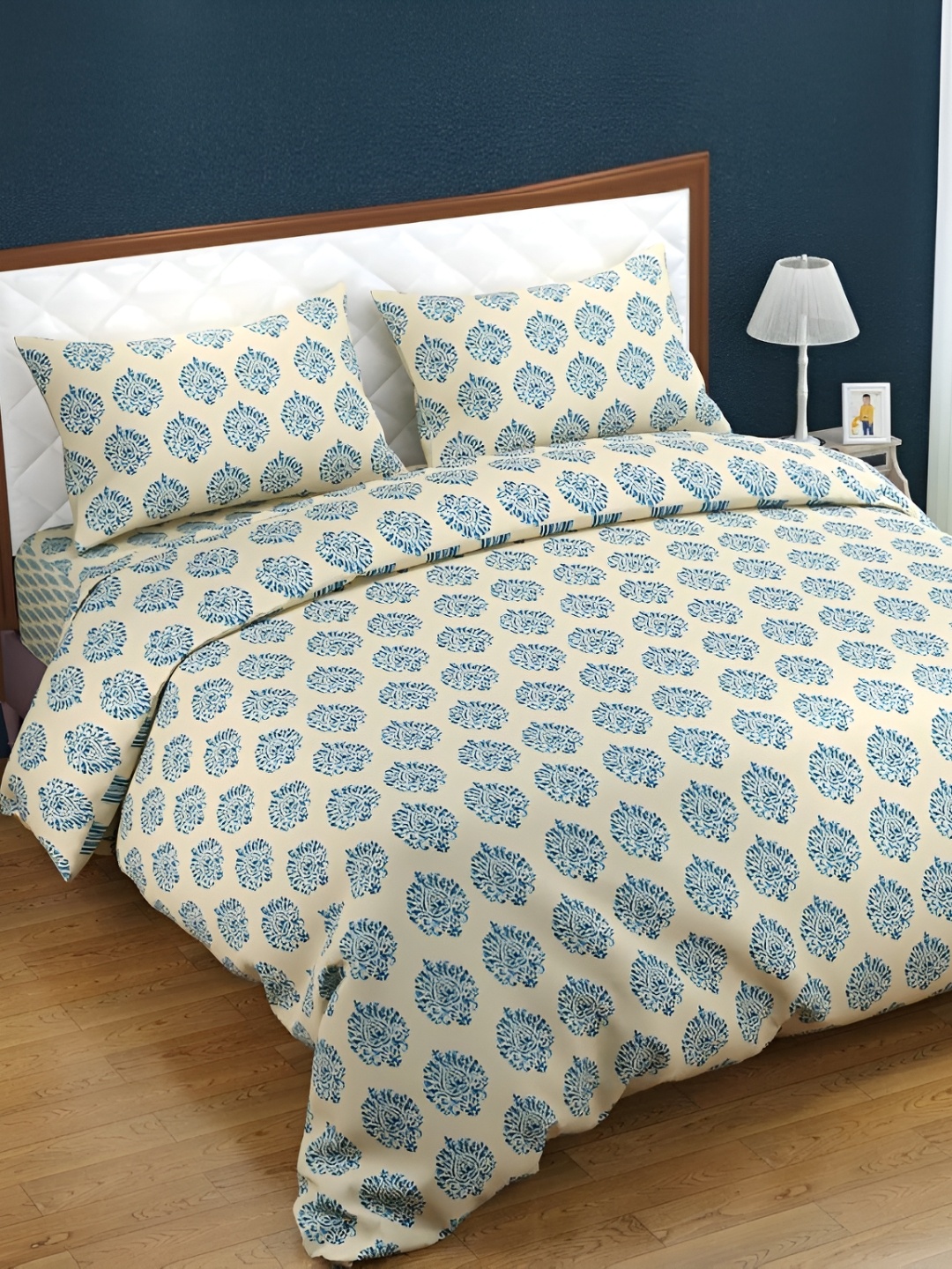

Trance Home Linen 200TC Printed Zippered Queen Rajai Cover/Blanket Cover with 2 Pillow Covers, Blue