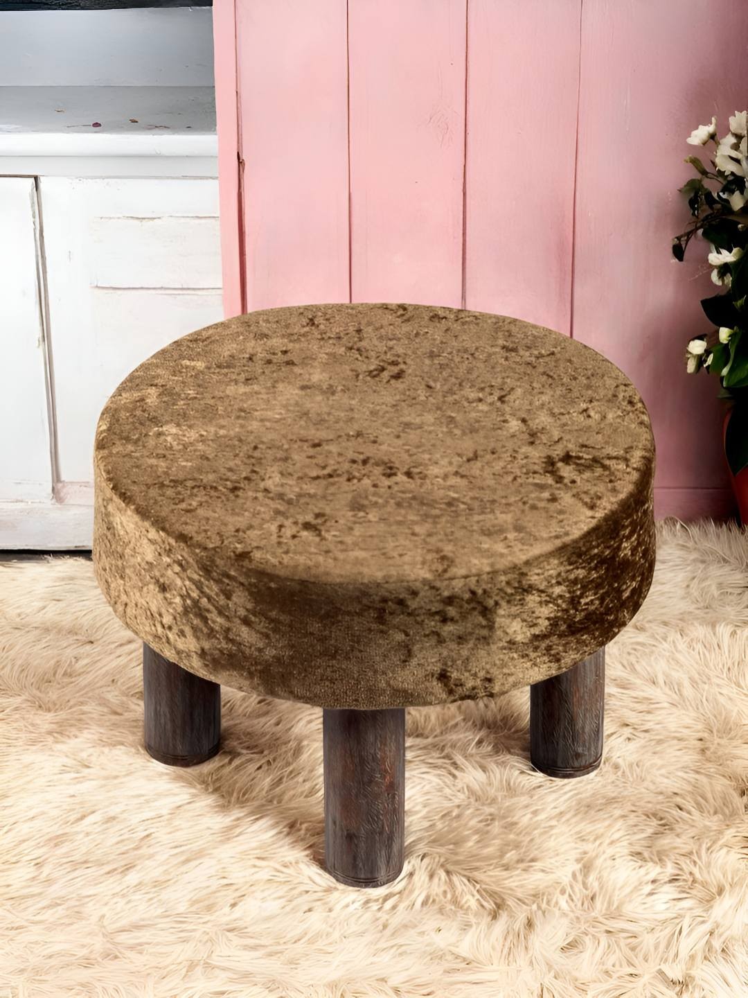 

Ikiriya Maple Sheesham Wood Accent Sparkle Upholstery Round Foot Stool, Brown