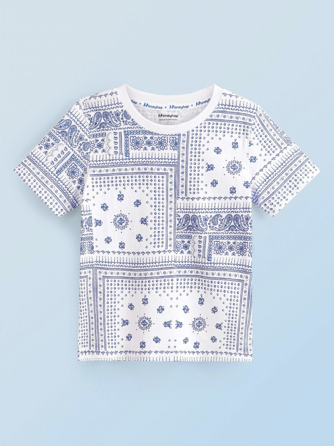 

Honeyhap Boys 2 Printed Mandarin Collar Applique T-shirt, Blue