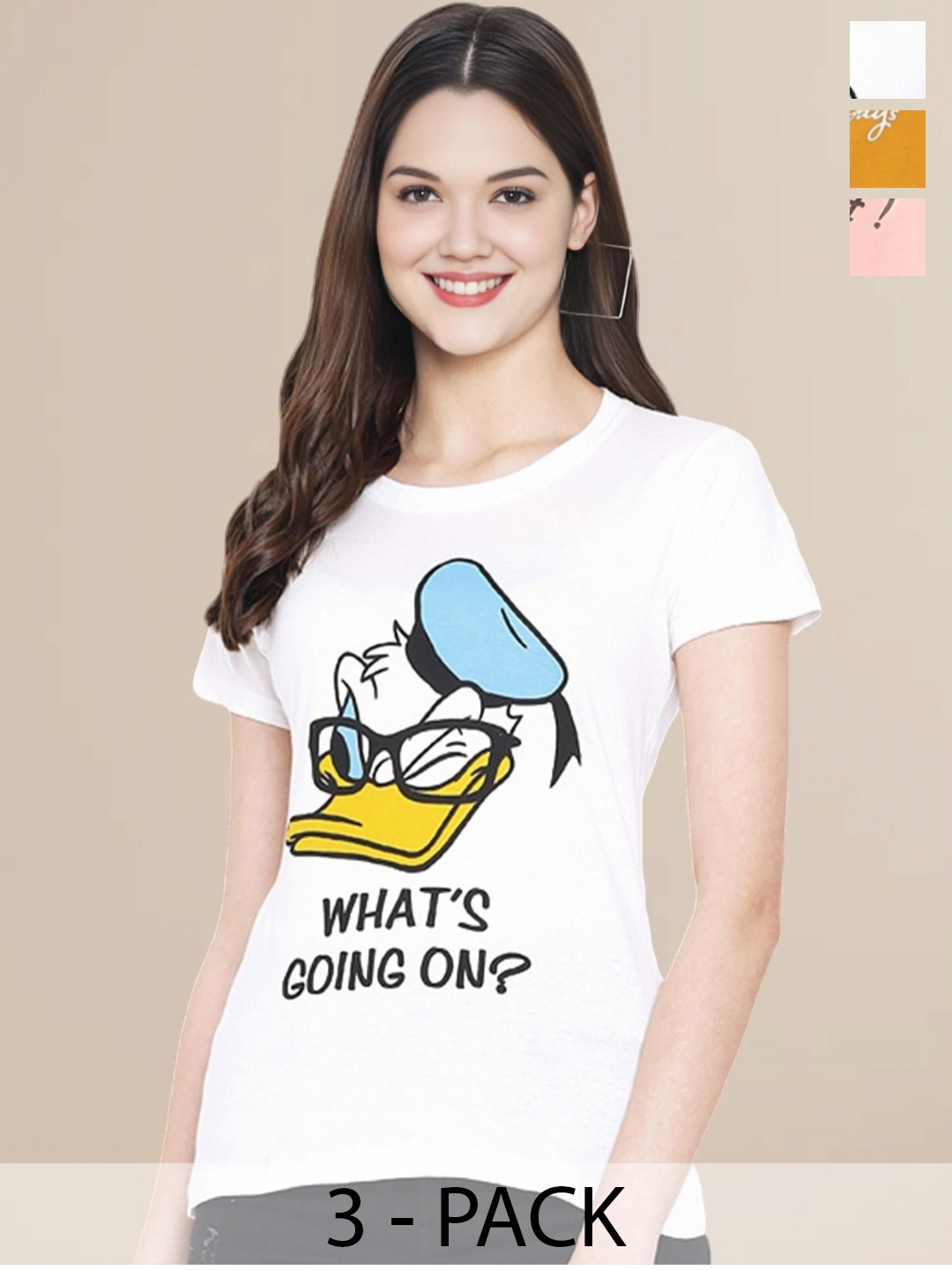 

Metronaut Women Pack Of 3 Typography Printed Round Neck Cotton Donald Duck T-shirts, Mustard