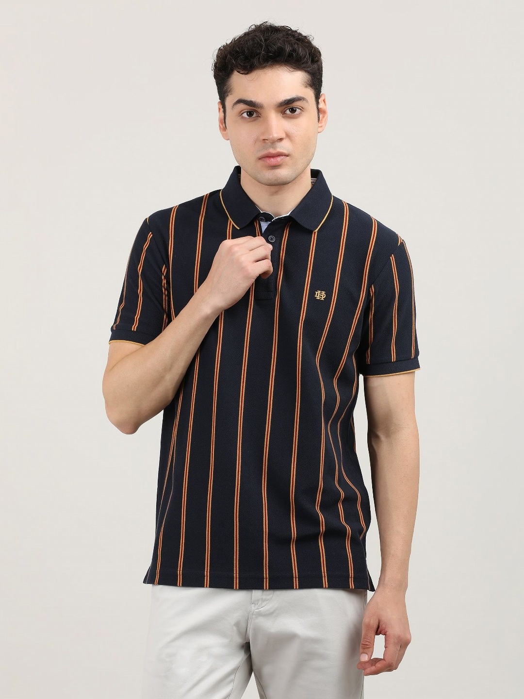 

DRAGON HILL Men Striped Polo Collar Pockets Slim Fit T-shirt, Navy blue