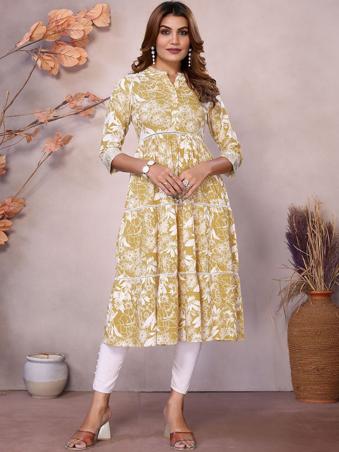 

Rangita Women Embroidered Thread Work Anarkali Kurta, Mustard