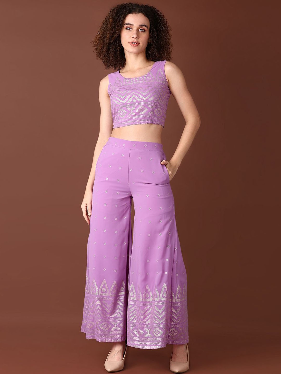

V-Mart Printed Top With Palazzo Co-Ords, Purple