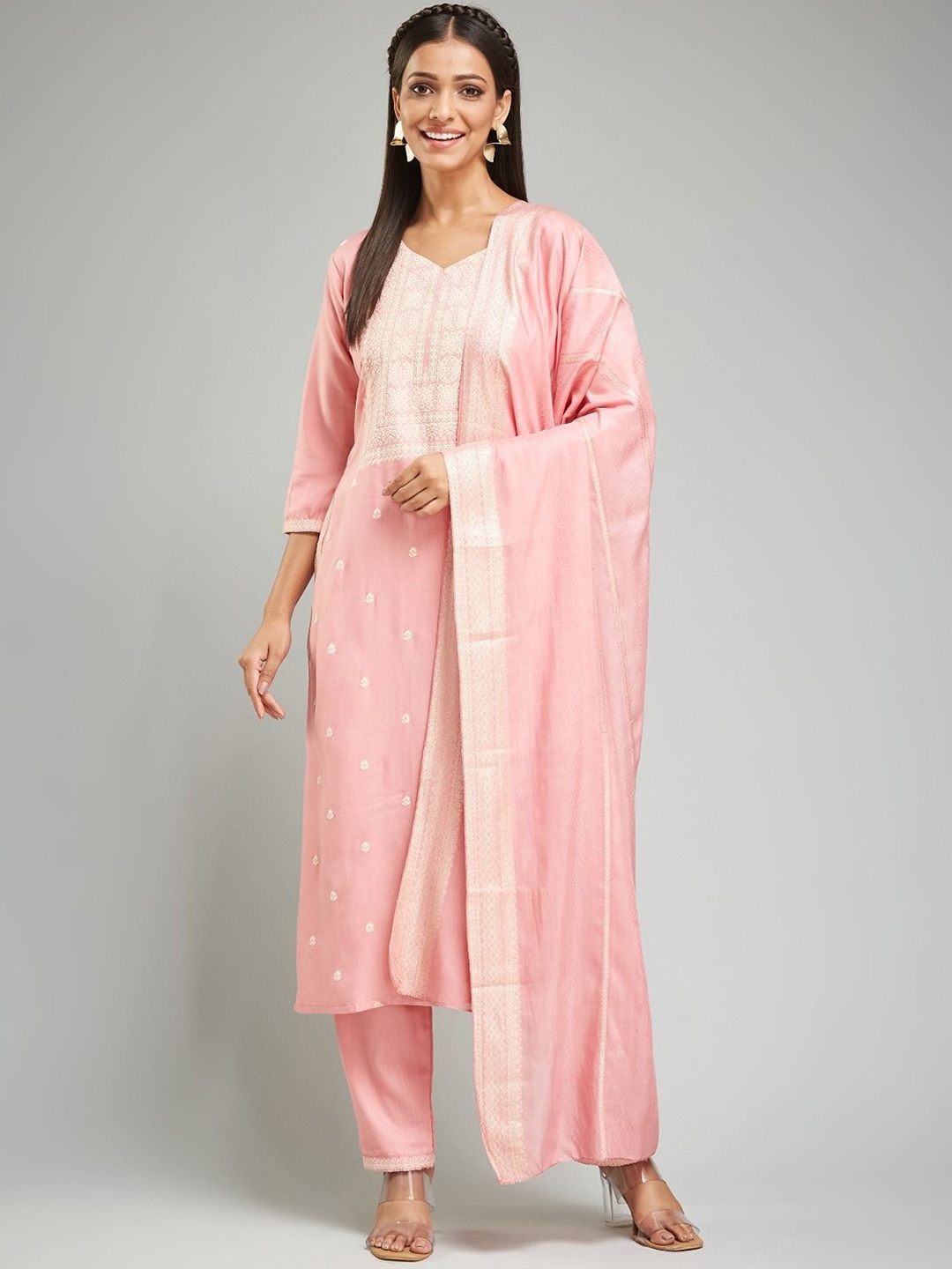 

KALINI Women Ethnic Motifs Embroidered Regular Thread Work Kurta with Trousers & With Dupatta, Peach