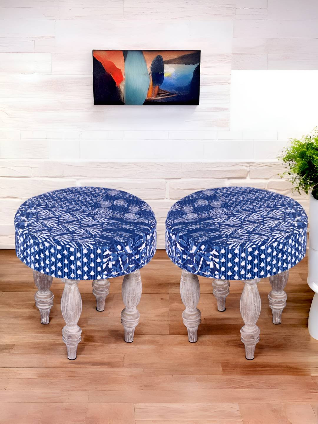 

Ikiriya Set of 2 Sheesham Wood Mid Century Round Stools, Blue