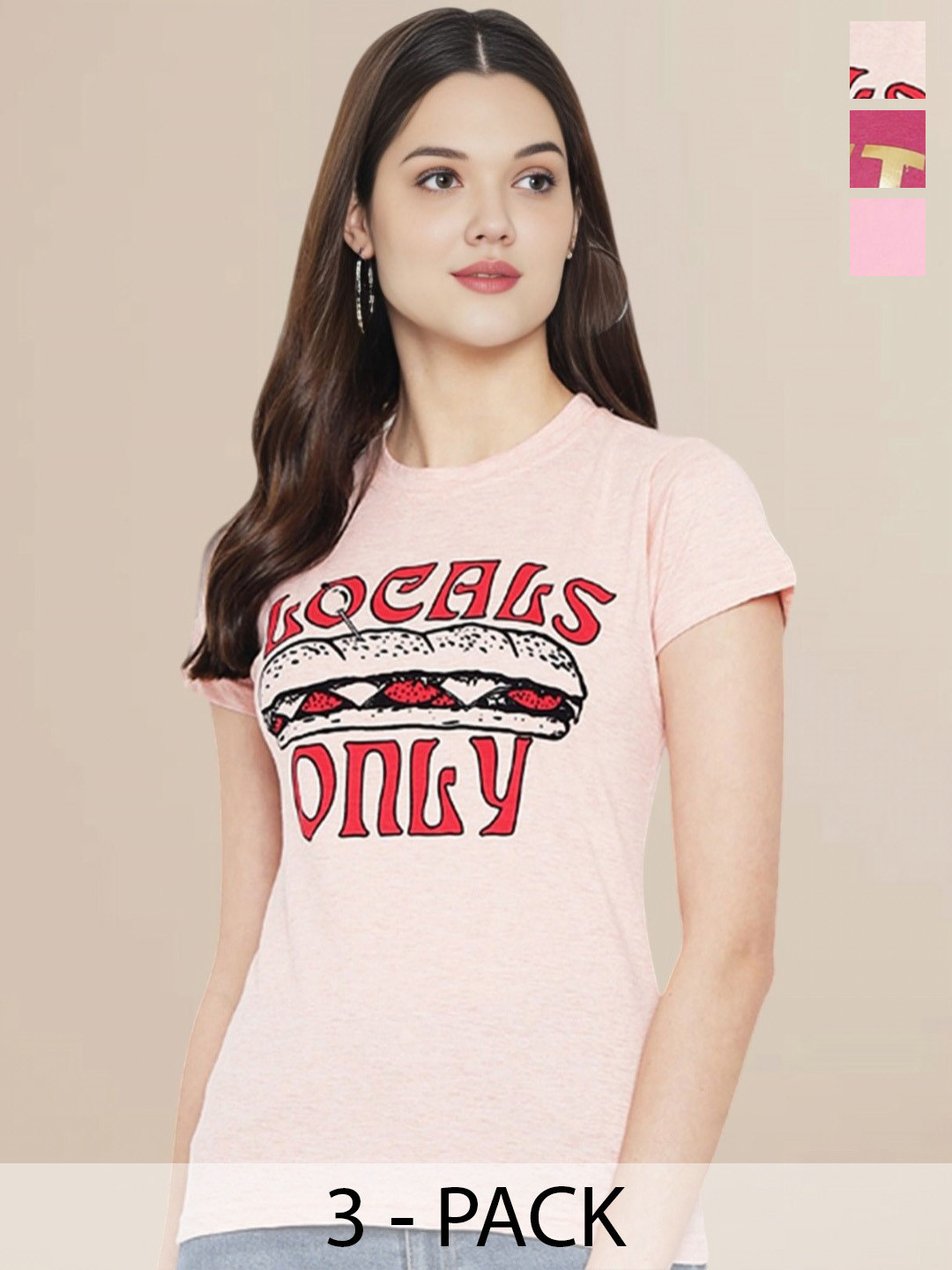 

Metronaut Women Pack Of 3 Typography Printed Round Neck Cotton T-shirts, Pink