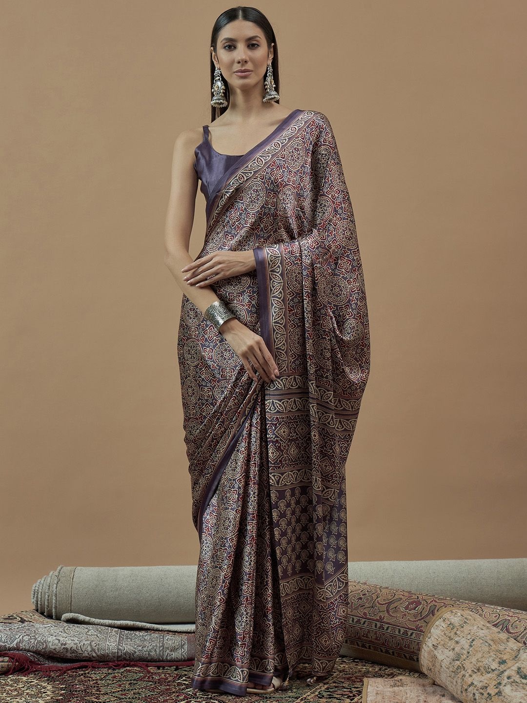 

Saree mall Ajrak Block Poly Crepe Block Print Sarees, Lavender