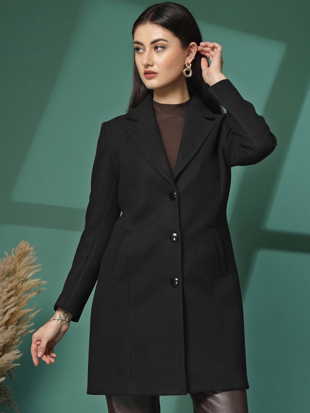 

PROTEX Single Breasted Lapel Collar Longline Winter Wear Overcoat, Black
