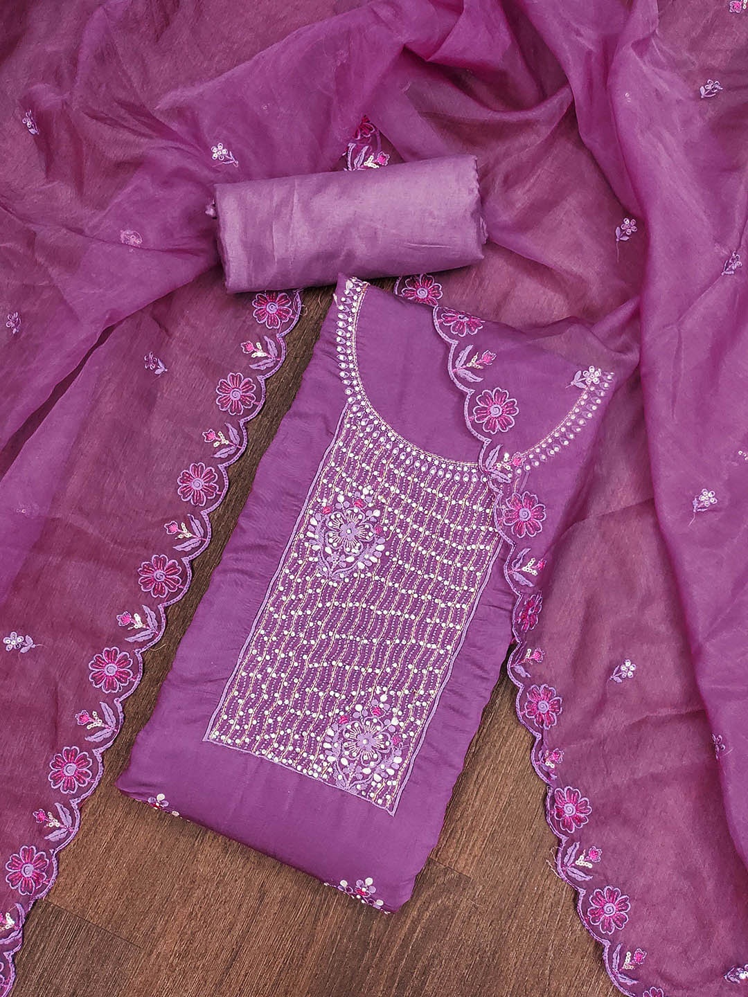 

KALINI Embroidered Pure Silk Unstitched Dress Material, Purple