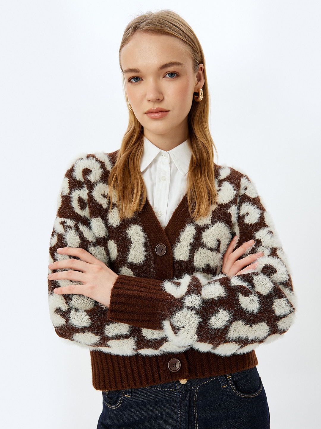 

Koton Women Animal Printed Crop Cardigan, Brown