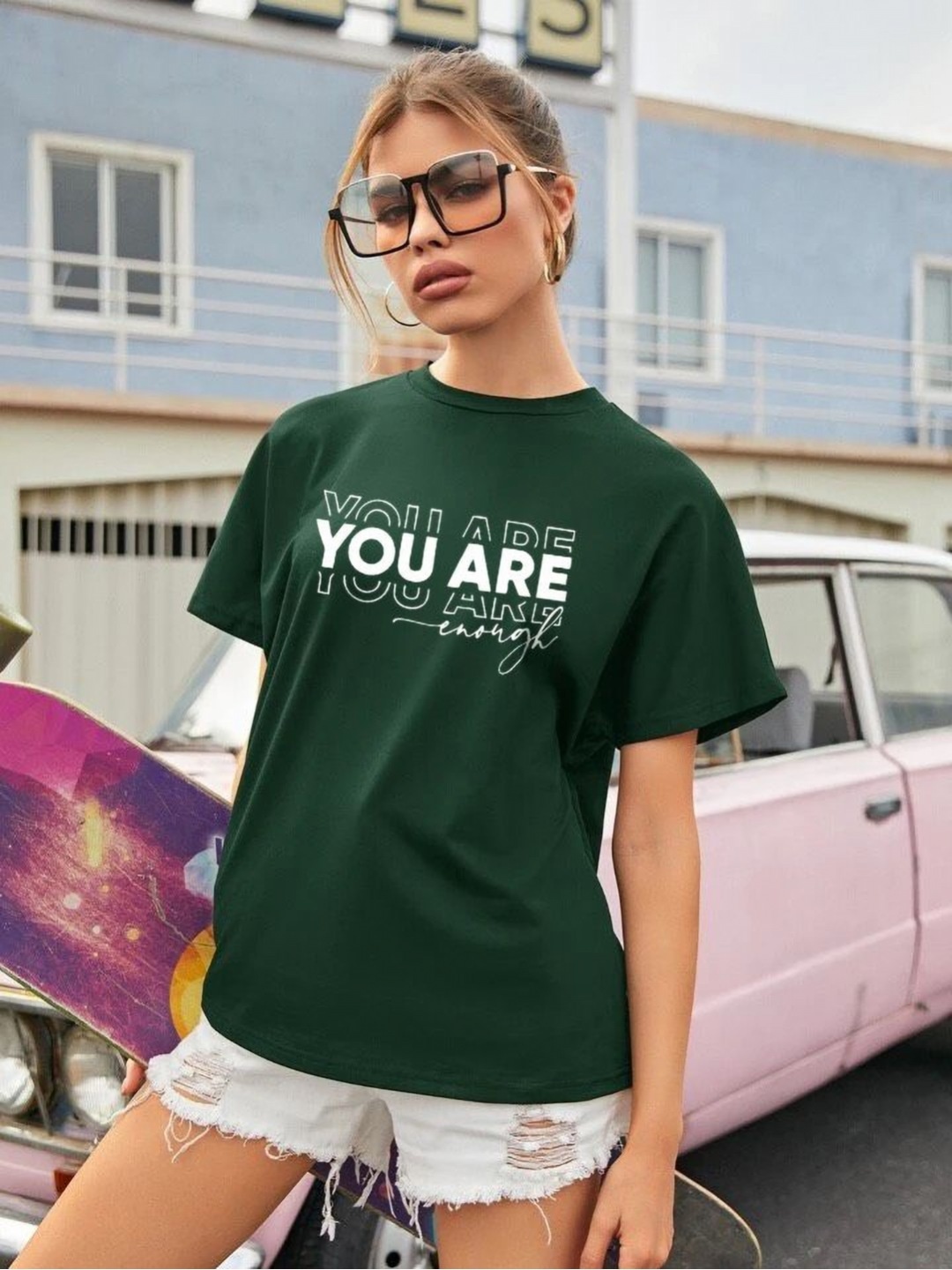 

BOMBAE TEES Women Typography Printed Bio Finish Applique T-shirt, Green