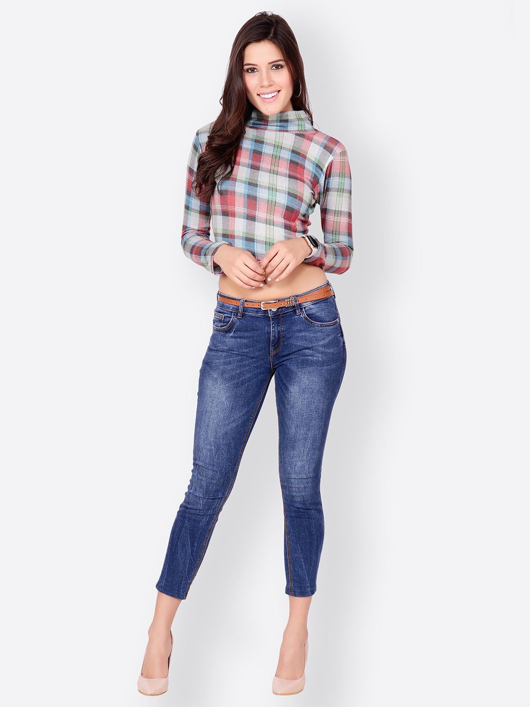 

BAESD Women Checked High Neck Fitted Crop Top, Red