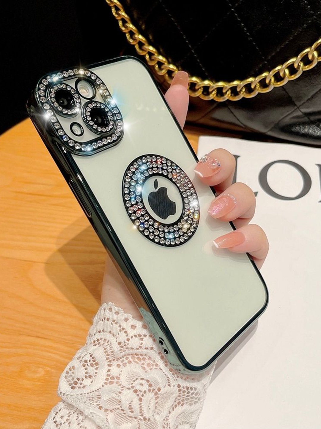 

LuxuryKase Green Embellished LK030 iPhone 14 Logo Hole Phone Case