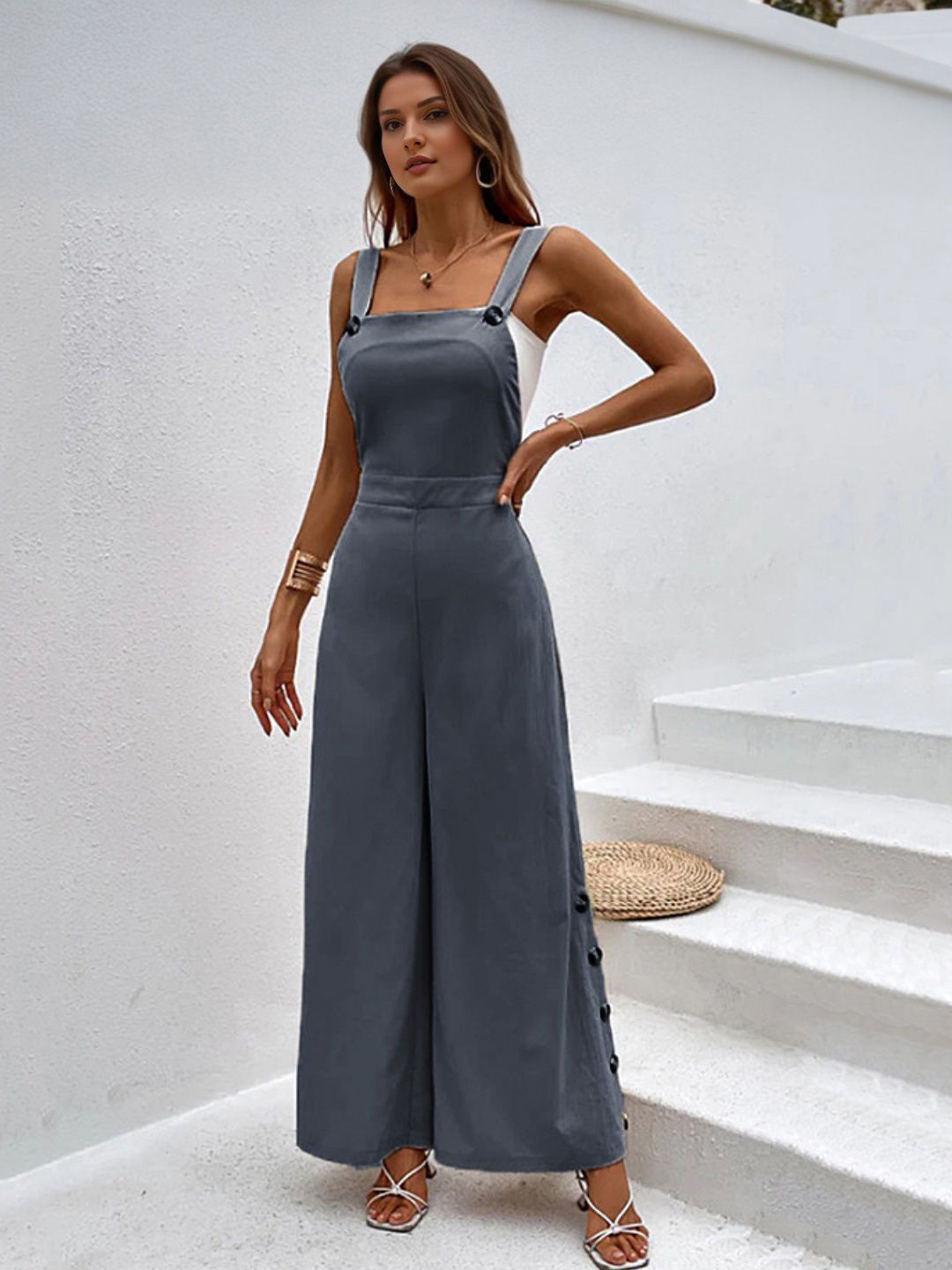 

StyleCast Women Square Neck Basic Jumpsuit, Grey