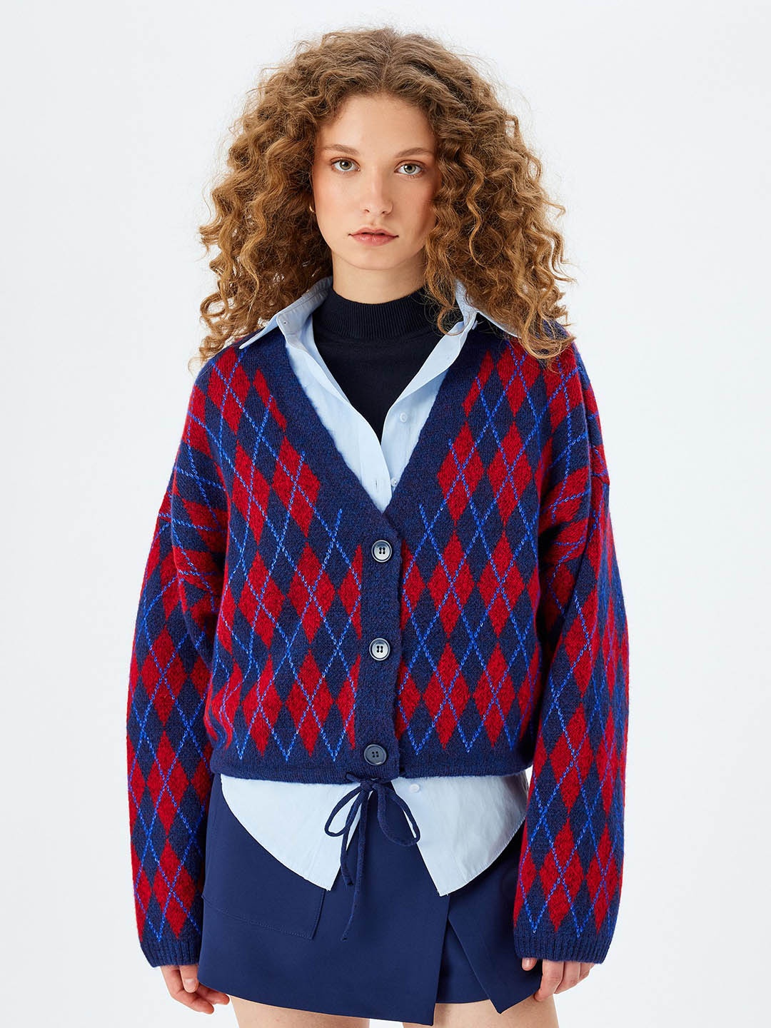 

Koton Women Argyle V-neck Cardigan, Blue