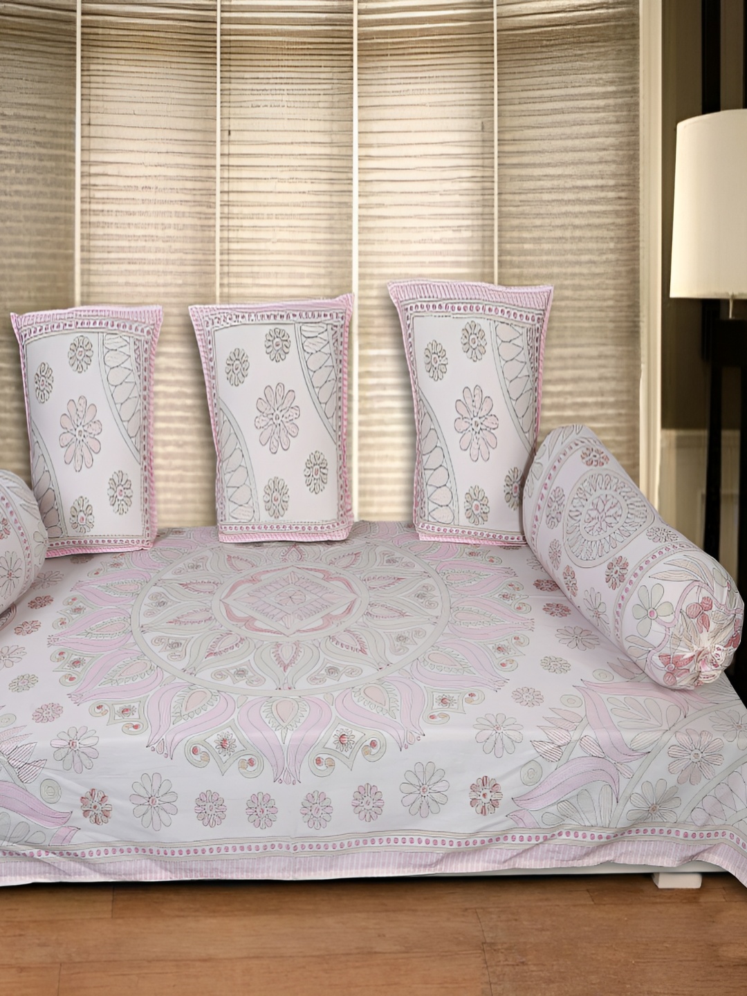

INDHOME LIFE 6-Pcs White & PinkPrinted Cotton Diwan Set