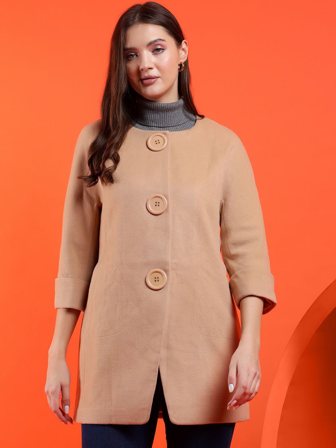 

Kotty Band Collar Long Sleeves Overcoat, Khaki