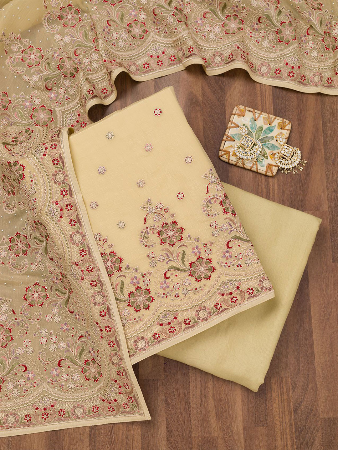 

Koskii Embroidered Unstitched Dress Material, Yellow