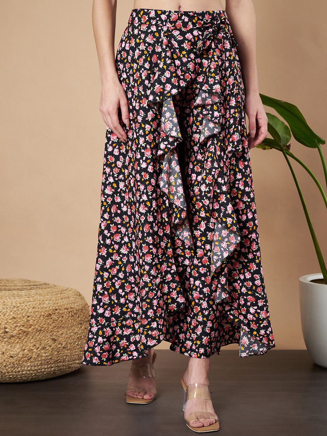 

OTABU Women Floral Printed Maxi A-Line Skirt, Black