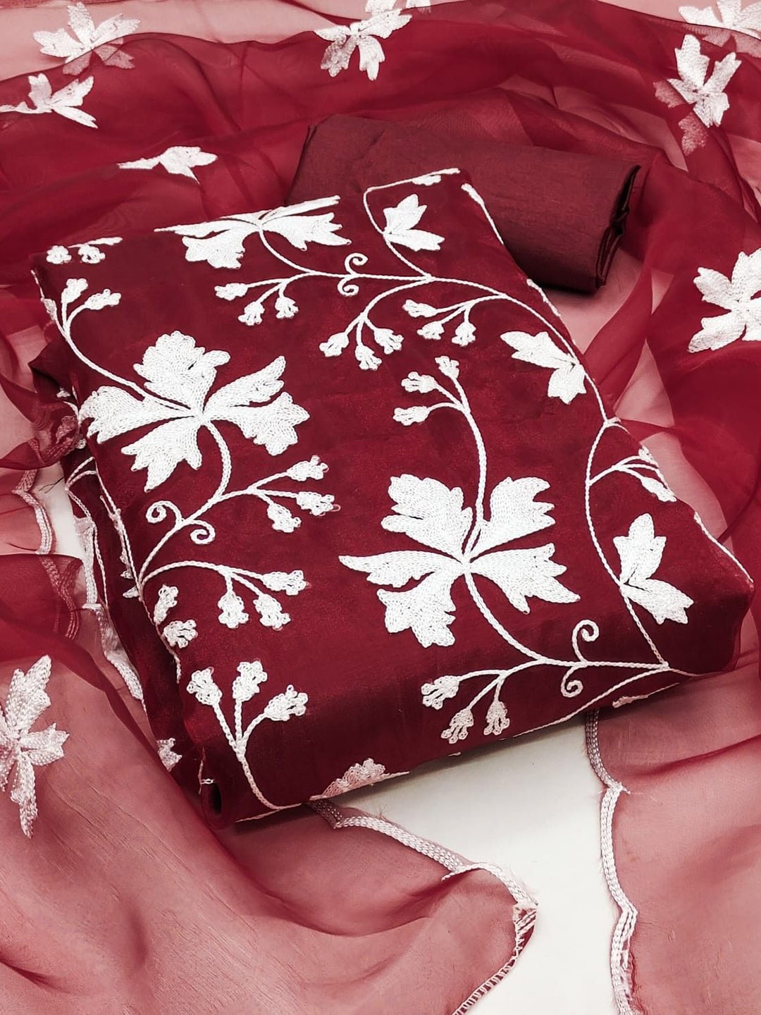 

mimi design Organza Unstitched Dress Material, Maroon