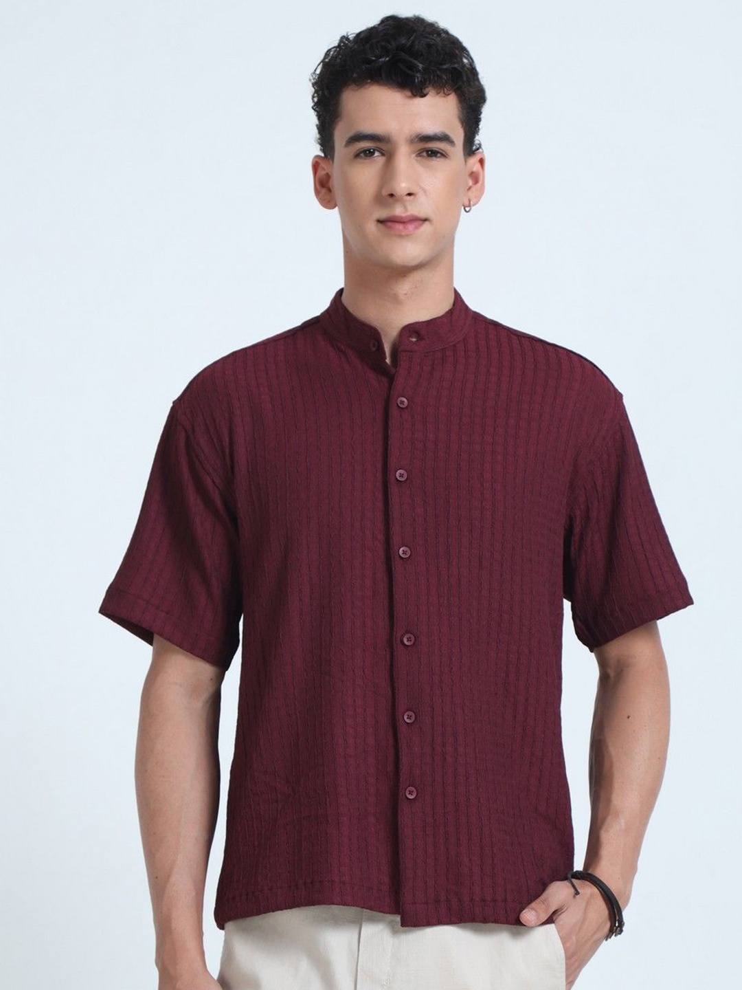 

NEVER NEUD Men Relaxed Floruit Popcorn Texture Casual Shirt, Maroon