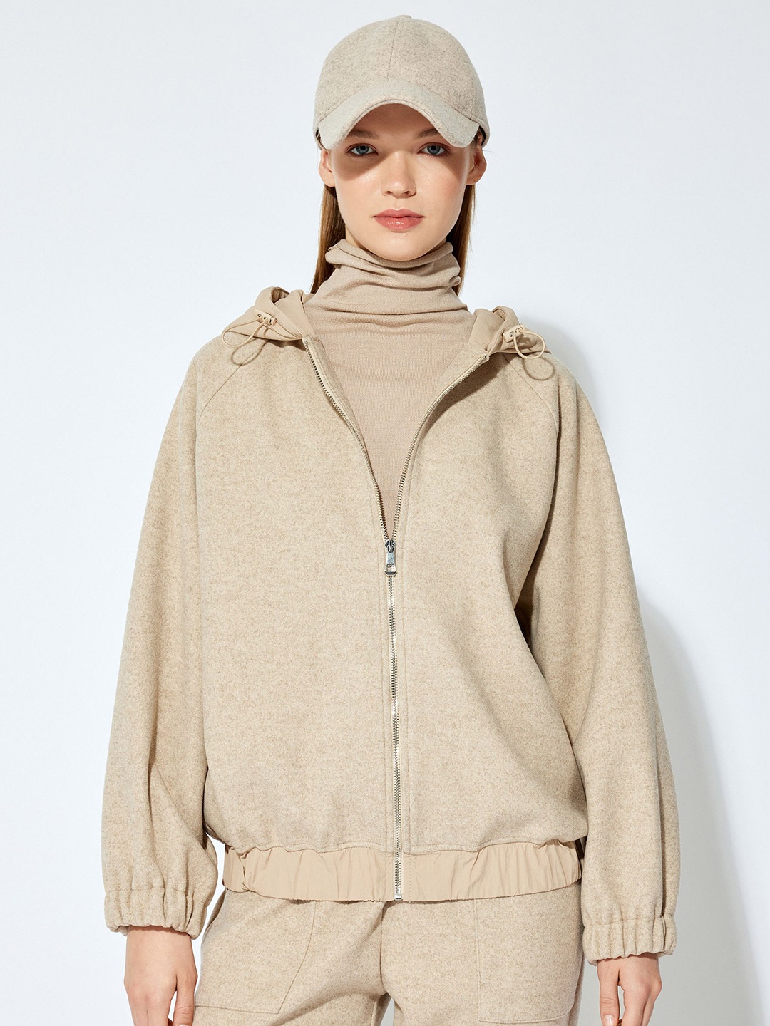 

Koton Women Front-Open Hooded Sweatshirt, Beige