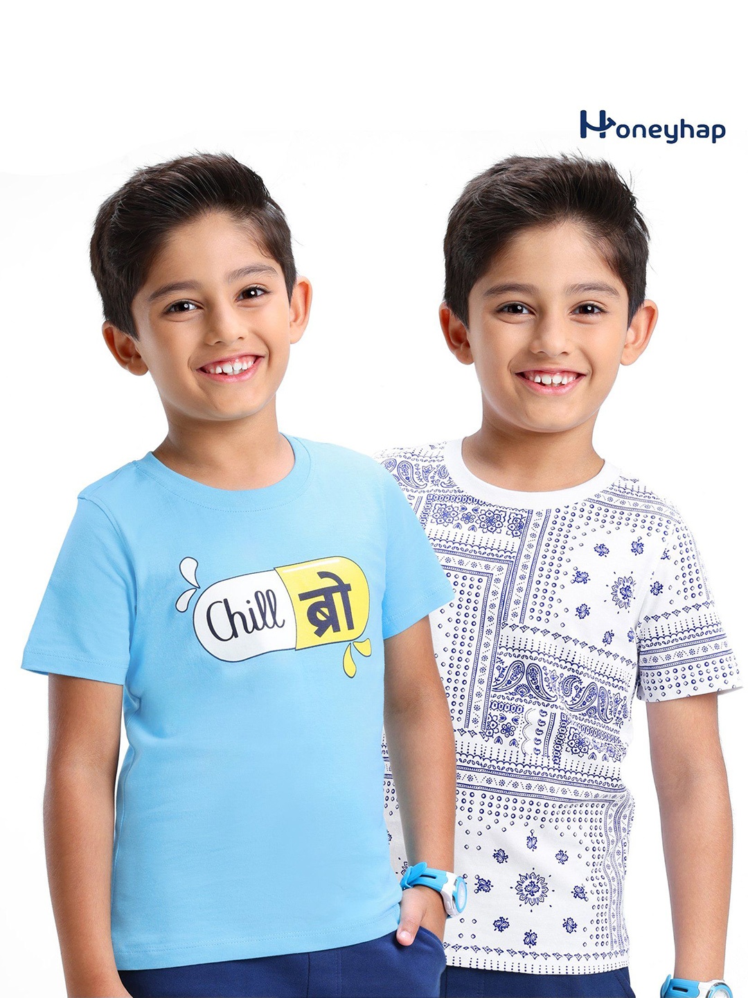 

Honeyhap Boys 2 Printed Mandarin Collar Applique T-shirt, Blue