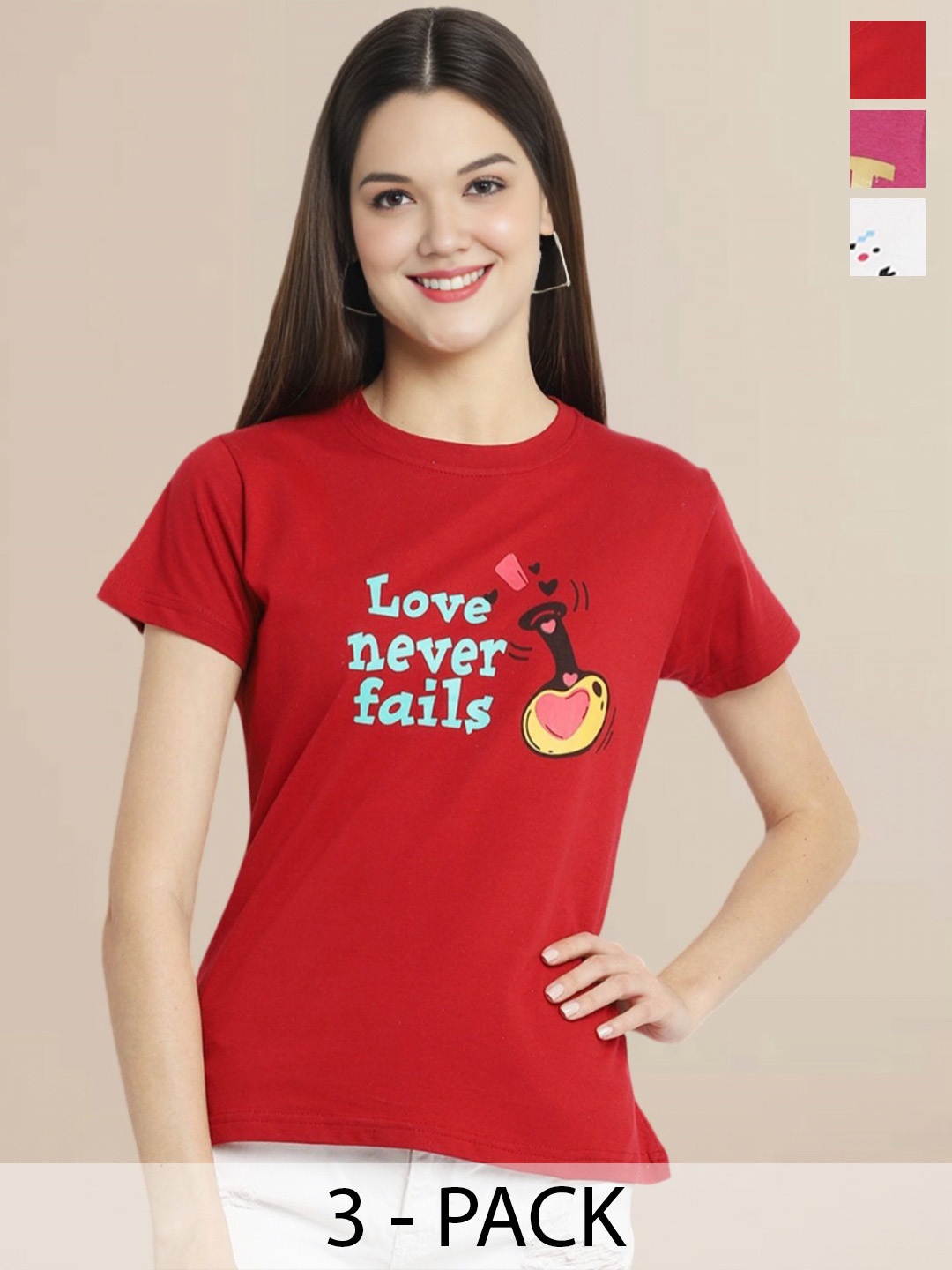 

Metronaut Women Pack Of 3 Typography Printed Round Neck Cotton T-shirts, Red