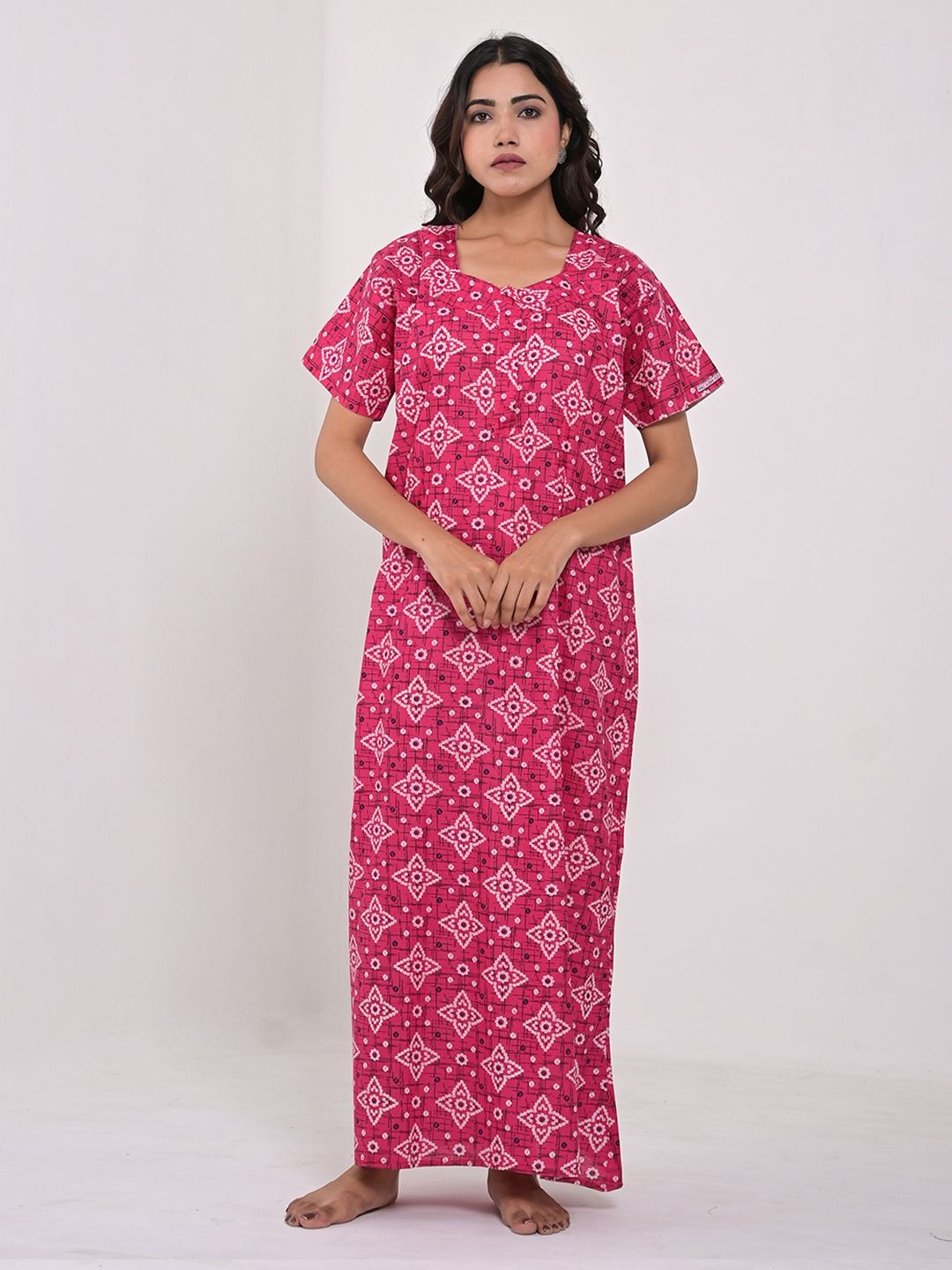 

Apratim Women Pure Cotton Printed Maxi Nightdress, Pink