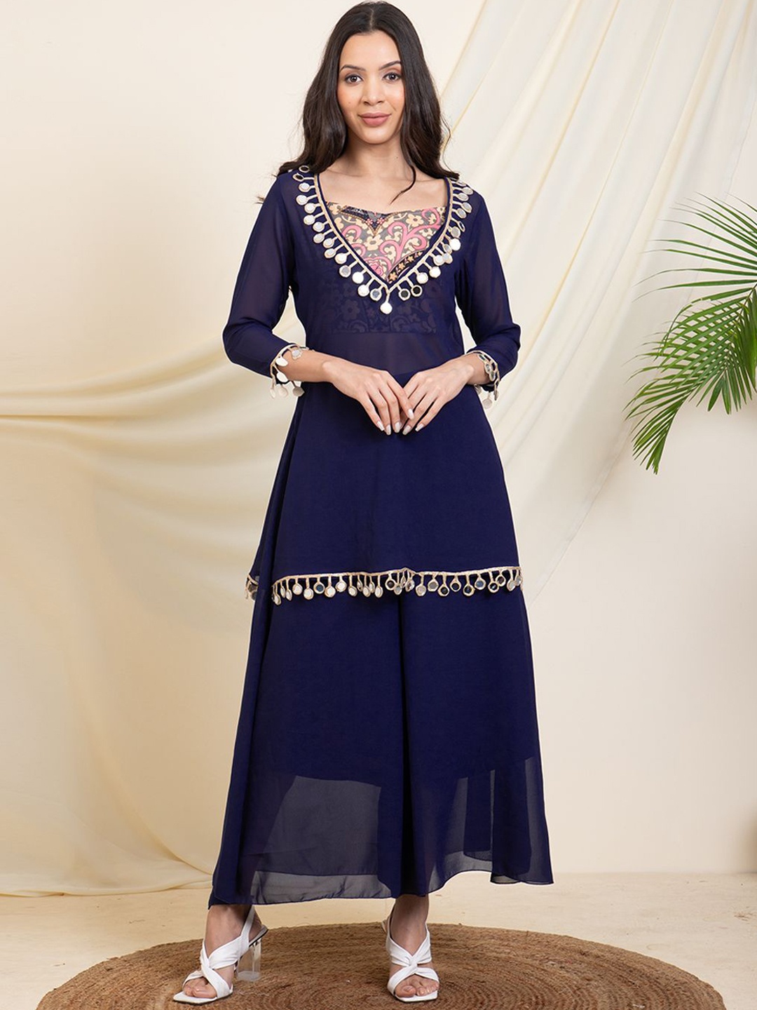 

DEEBACO Printed Tunic & Sharara With Inner Top Co-Ords, Navy blue