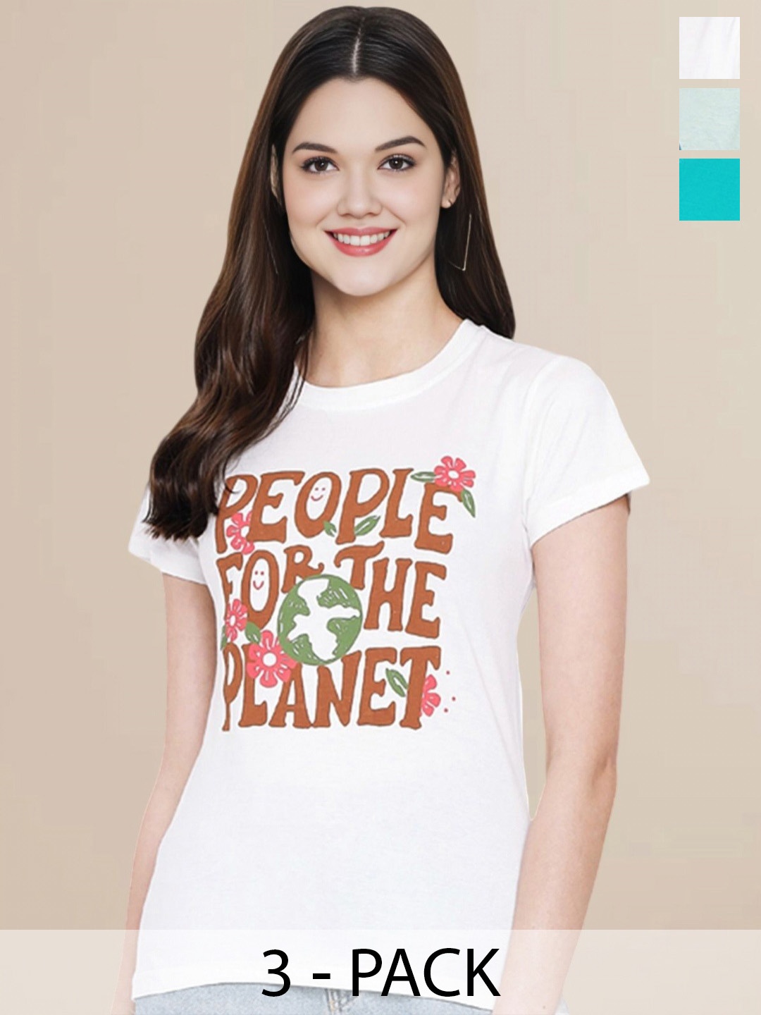 

Metronaut Women Pack Of 3 Typography Printed Round Neck Cotton T-shirts, Sea green