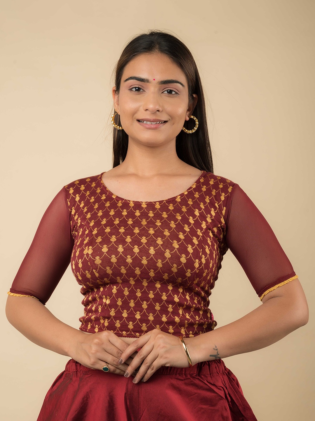 

Bindigasm's Advi Patterned Stretchable Saree Blouse, Maroon