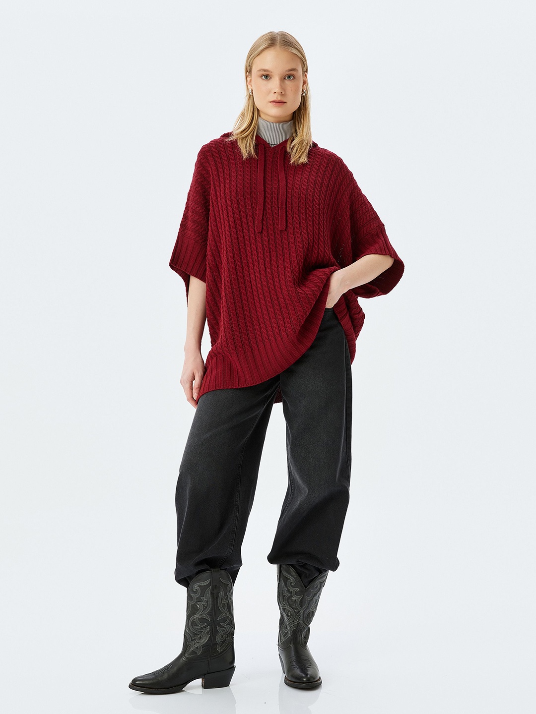

Koton Women Hooded Longline Pullover, Maroon